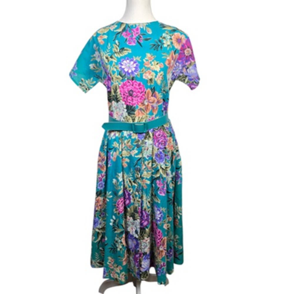 New Looks California Floral Midi Dress Size 10 Turquoise Belted Short Sleeve USA - Picture 1 of 6